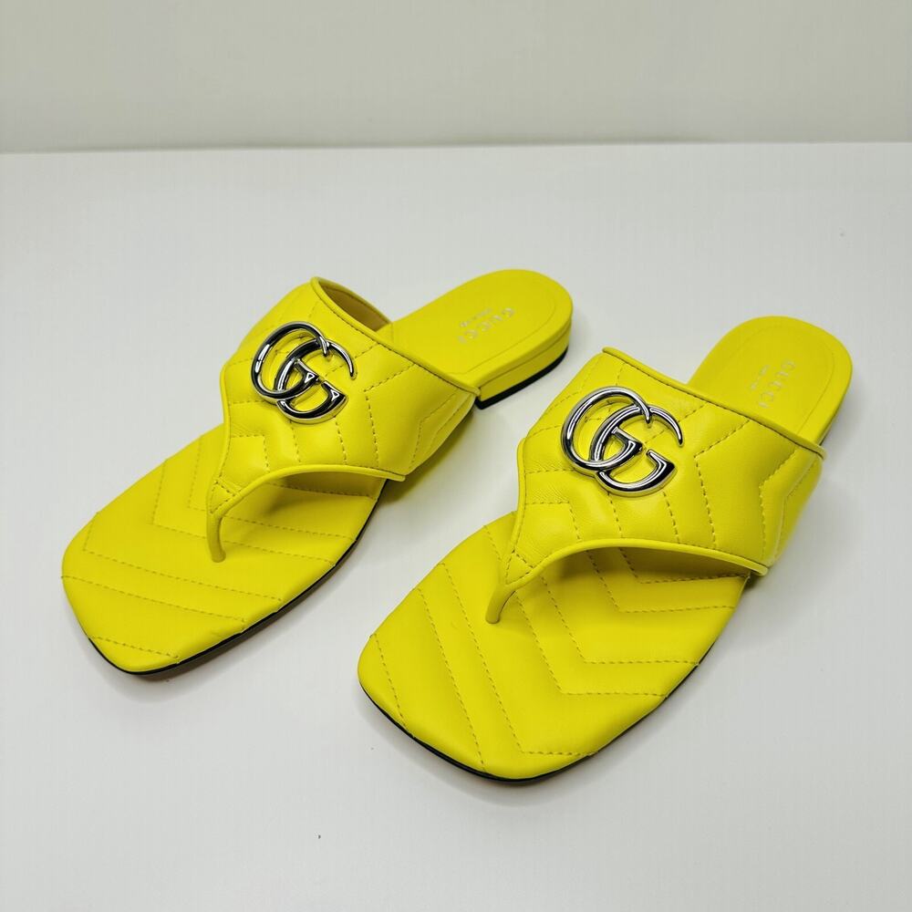 Gucci Marmont Chevron Double G 37/ US 7 Thong Sandals Lime Yellow Leather NIB - Picture 7 of 13